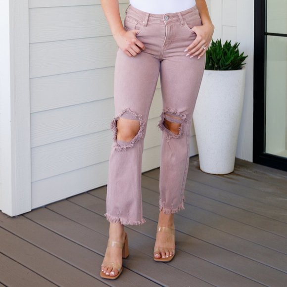 Risen High Rise Distressed Straight Leg Jeans In Mauve - SHIPS WITHIN 24 HOURS - Picture 1 of 4